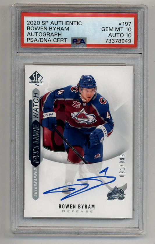 PSA 10 Gem Mint Auto of Bowen Byram 2020 SP Authentic Hockey Card Colorado Avalanche