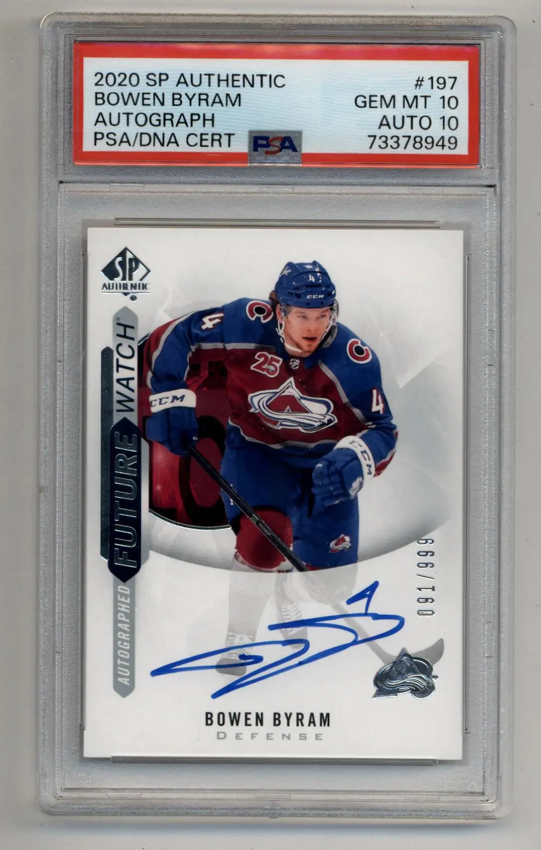 Bowen Byram 2020-21 Sp Authentic #197 Auto 091/999 PSA 10 Gem Mint Auto 10 - Singles