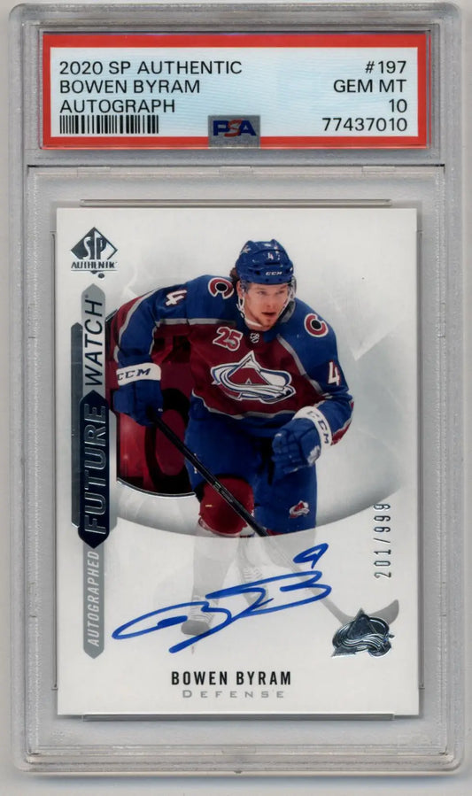 PSA 10 Gem Mint Bowen Byram 2020-21 SP Authentic Auto hockey card featuring autograph
