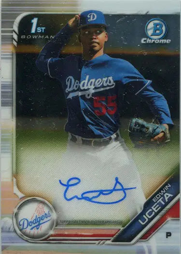 Baseball card of Dodgers pitcher Edwin Uceta in blue uniform, Bowman Chrome Autograph Card