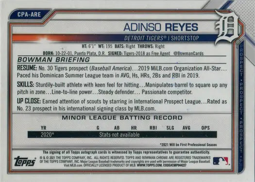 Gold Shimmer Auto Card of Adinso Reyes, trading card from Bowman Chrome Baseball 2021
