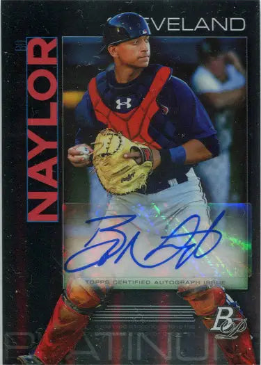 Baseball card featuring Bo Naylor in a blue uniform with autograph and baseball