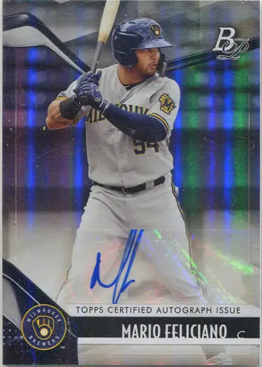 Baseball player in batting stance wearing Milwaukee Brewers uniform on Mario Feliciano card