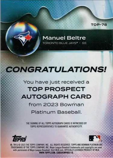 Manuel Beltre Toronto Blue Jays autograph card from 2023 Bowman Platinum Baseball