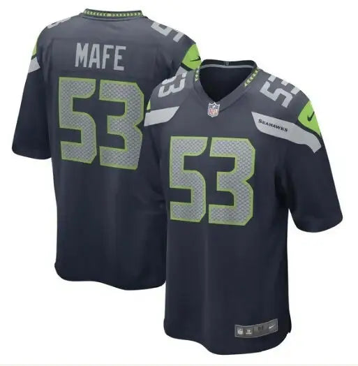 Dark blue Seattle Seahawks Boye Mafe Nike game jersey with lime green accents and number 53