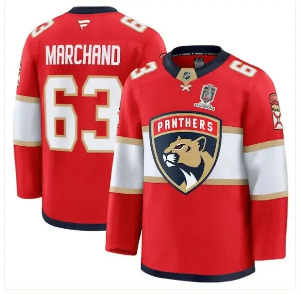 Red and white Brad Marchand Florida Panthers Home 2025 Stanley Cup Champions jersey