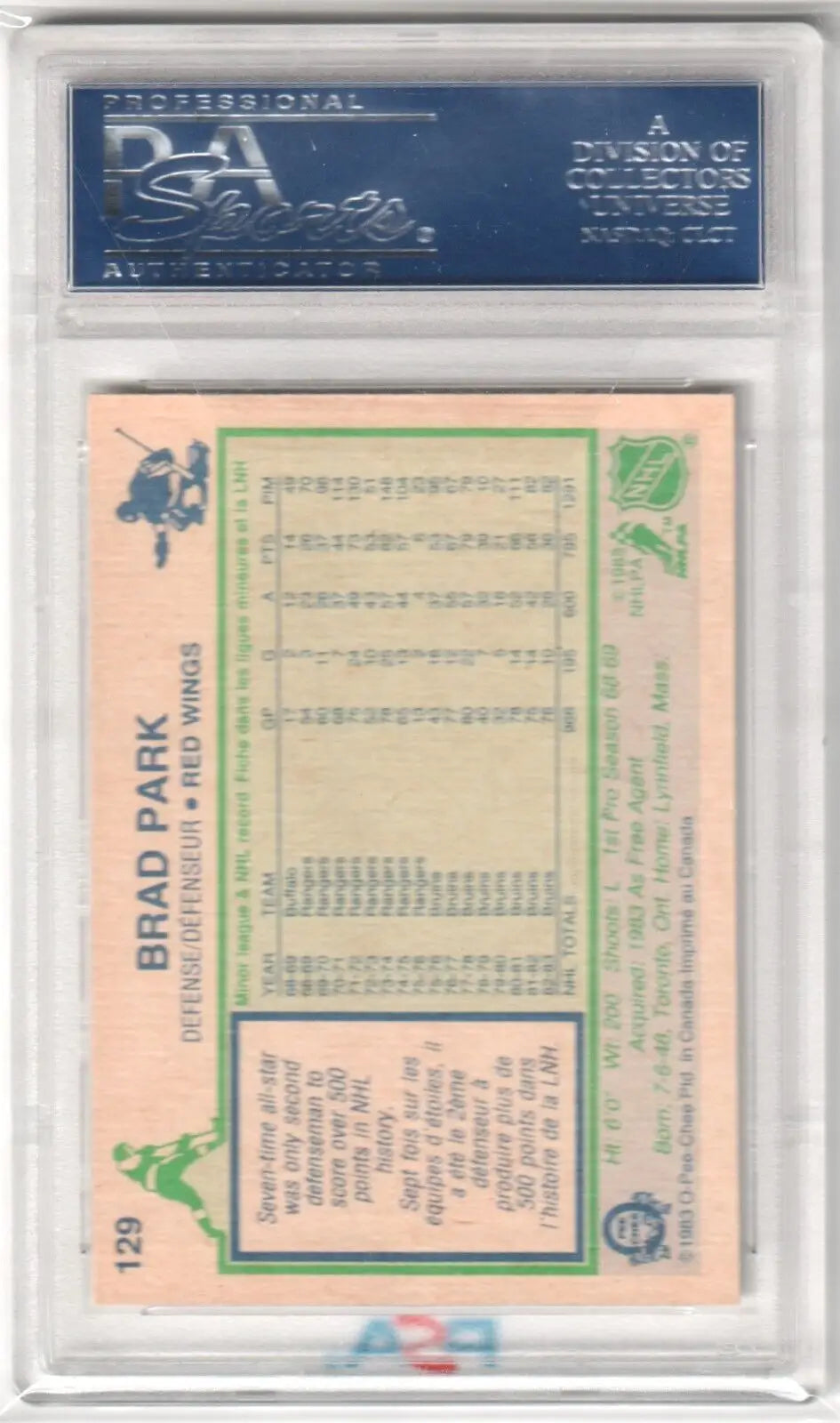 Graded Brad Park 1983-84 O-Pee-Chee hockey card from Columbia Hobby eBay store