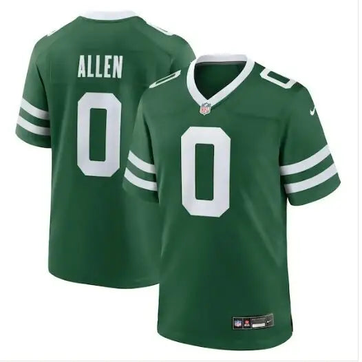 Green York Jets Nike game jerseys with white numbers and lettering display the Braelon Allen jersey