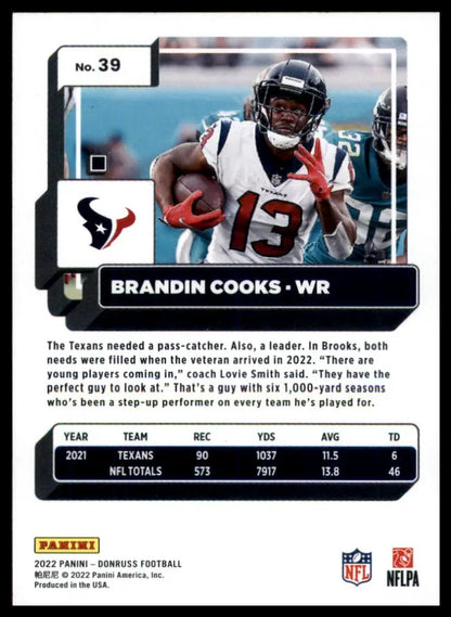 Brandin Cooks football card from 2022 Donruss Houston Texans series