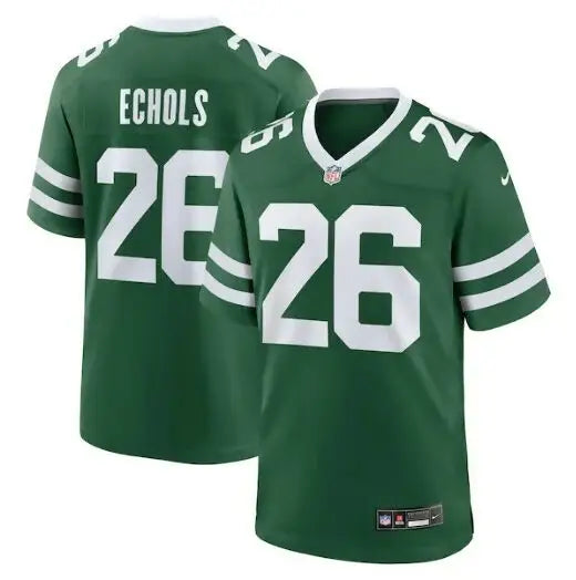 Green York Jets Nike Brandin Echols game jersey with white numbers and stripes