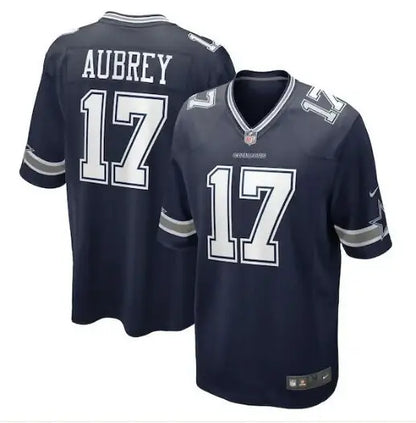 Navy Dallas Cowboys football jersey with Aubrey 17 name and number for Brandon Aubrey team gear