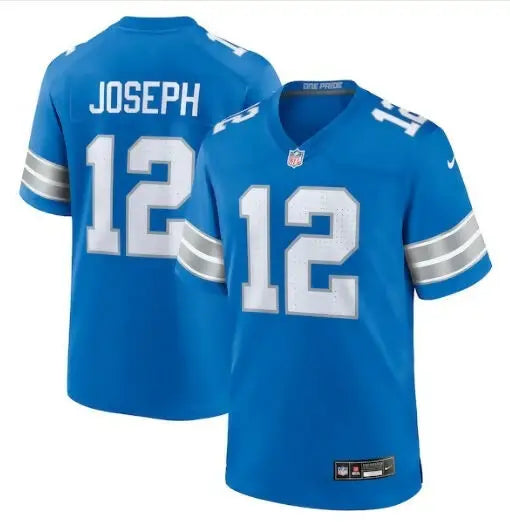 Blue Detroit Lions Nike team game jersey with white number 12 and Joseph name