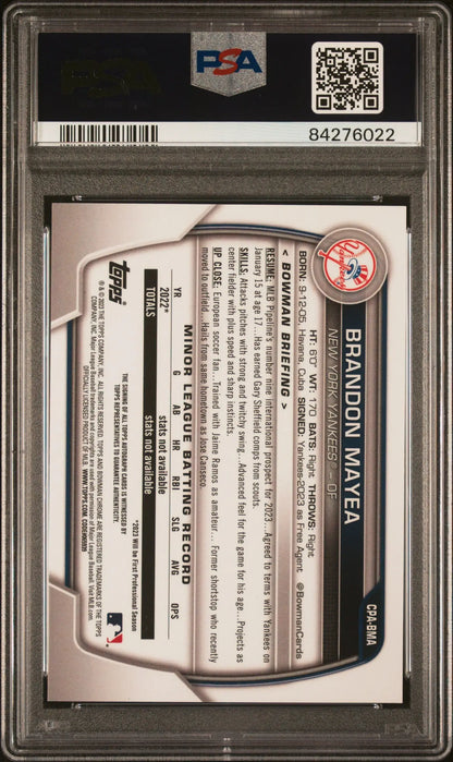 Back of Brandon Mayea 2023 Bowman Chrome Blue Raywave Auto #89/150 PSA 10 card