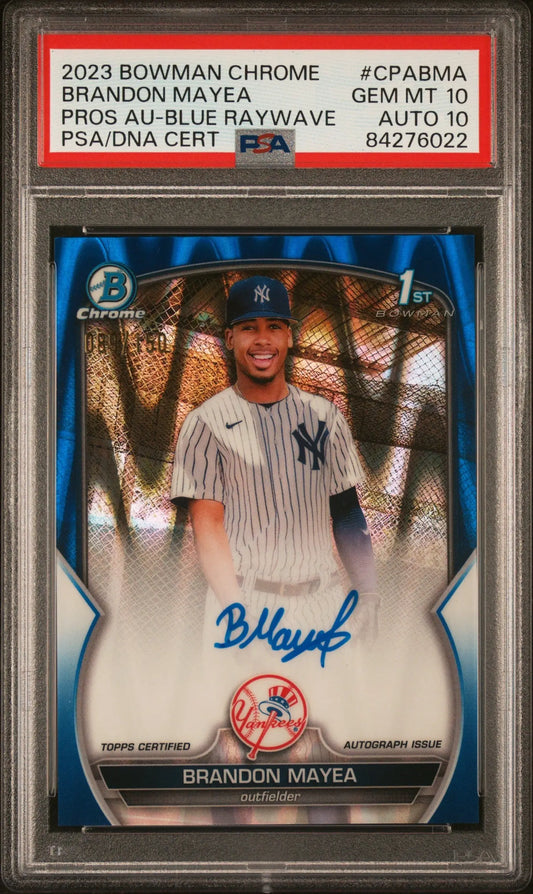 PSA 10 autographed Brandon Mayea 2023 Bowman Chrome Blue Raywave Auto Yankees card