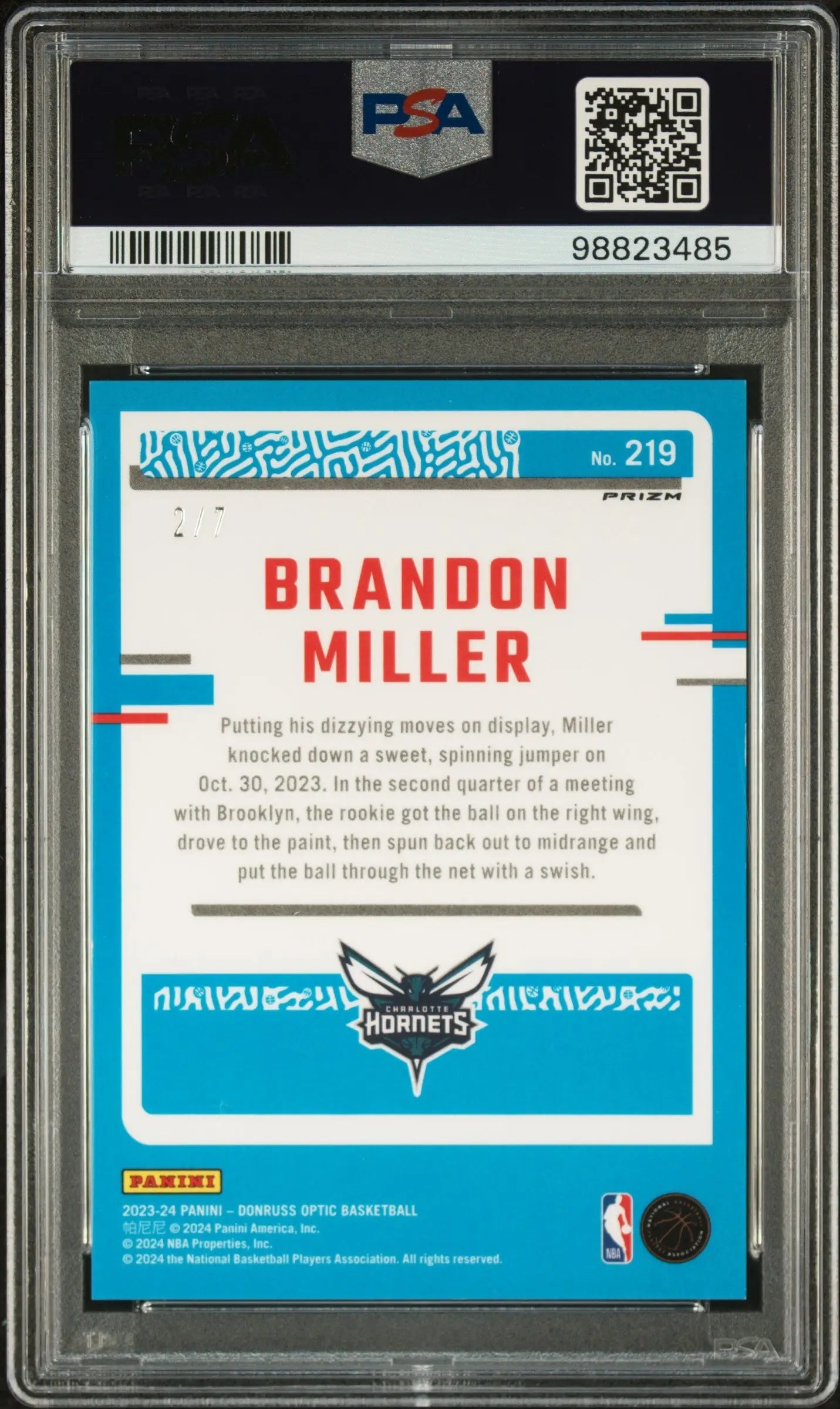 Brandon Miller 2023 Donruss Optic Rookie #219 Red/Yellow Fast Break #2/7 PSA 9 Mint - Singles