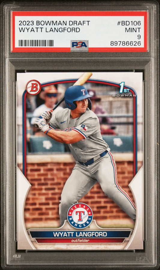 PSA-graded 2023 Bowman Draft Wyatt Langford baseball card with Panini Prizm Purple Ice design