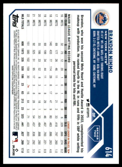 Brandon Nimmo baseball card from 2023 Topps #614 New York Mets collection