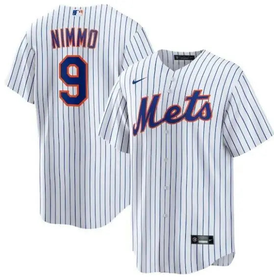 Nimmo Mets baseball jersey displayed in Brandon Nimmo New York Mets Nike Home replica jersey