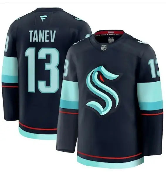 Dark blue Seattle Kraken hockey jersey with teal accents and number 13, Brandon Tanev jersey