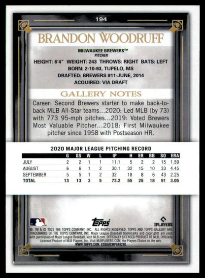 Back of Brandon Woodruff 2021 Topps Gallery baseball card featuring Milwaukee Brewers player