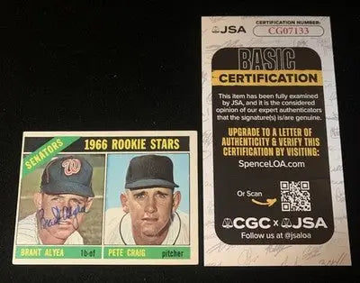Signed 1966 Topps Baseball Trading Card of Brant Alyea with JSA certification