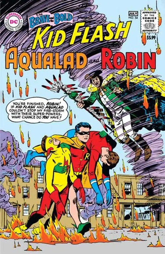 Vintage DC Comics cover of Kid Flash, Aqualad, and Robin for trading cards collectors