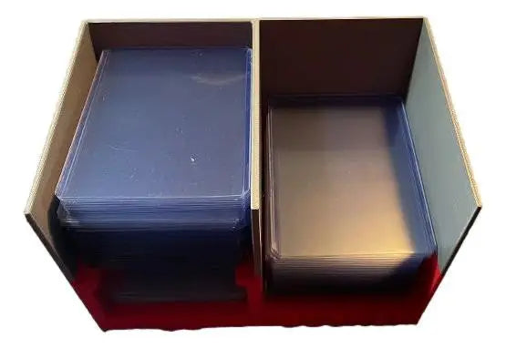 Break Buddy GO BUCKS wooden box with stacks of clear plastic sleeves for card organization