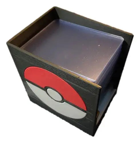 Break Buddy POKEBALL deck box with red and white Poké Ball design, filled with sleeved trading cards