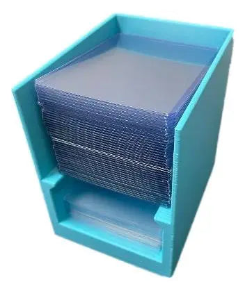 Break Buddy Sky Blue plastic card holder with penny sleeves and clear plastic sleeves