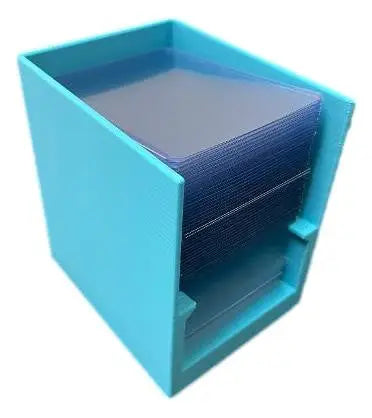 Break Buddy Sky Blue plastic card holder with clear penny sleeves and toploaders