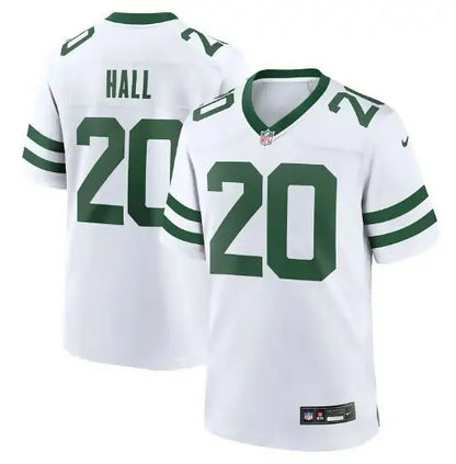 White Breece Hall Jets Nike alternate game jersey with green stripes and number 20