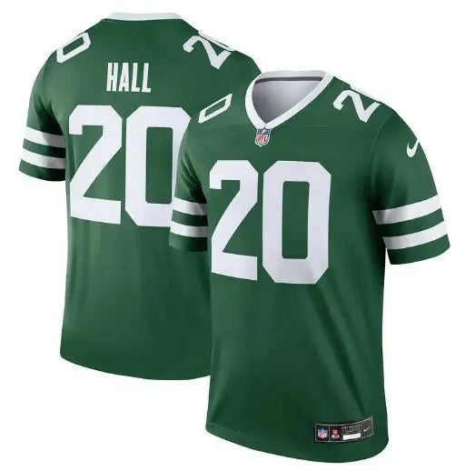 Green football jersey with white numbers and stripes, Breece Hall Jets Nike Alternate Legend