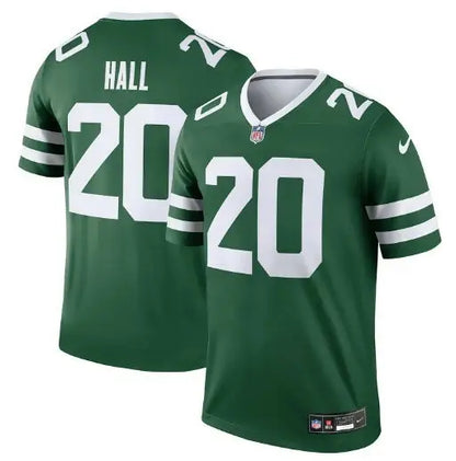 Green football jersey with white numbers and stripes, Breece Hall Jets Nike Alternate Legend