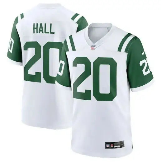 White and green Breece Hall New York Jets Nike jersey with number 20 and Hall on back
