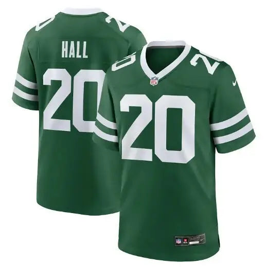 Green Breece Hall New York Jets Nike game jersey with white numbers and name