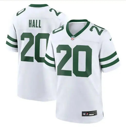 White and green Breece Hall New York Jets Nike game jersey with number 20