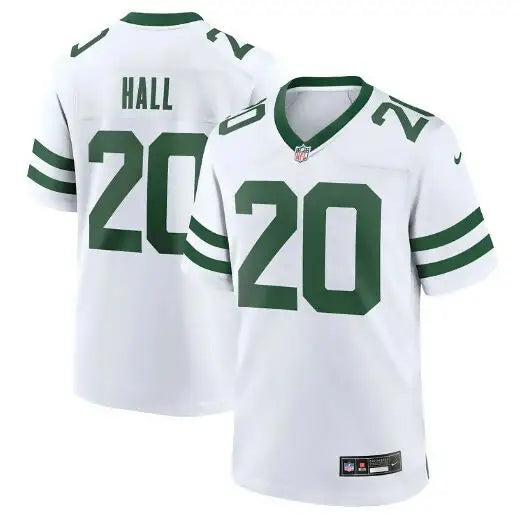White and green Breece Hall New York Jets Nike player game jersey with number 20