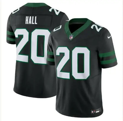 Black and green Breece Hall New York Jets Nike Vapor F.U.S.E. jersey with number 20 and HALL on back