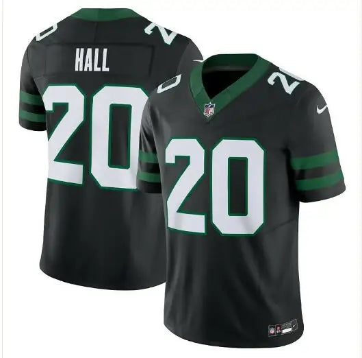 Black and green Breece Hall New York Jets Nike Vapor F.U.S.E. jersey with number 20 and HALL on back