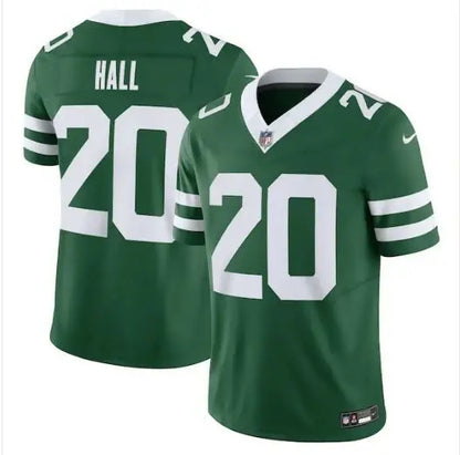 Green and white Breece Hall New York Jets Nike Vapor F.U.S.E. jersey with number 20