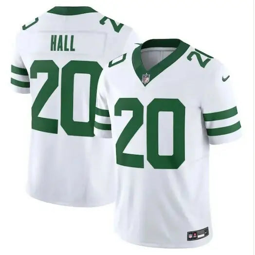 White and green Breece Hall New York Jets Nike Vapor F.U.S.E. Limited Jersey with number 20