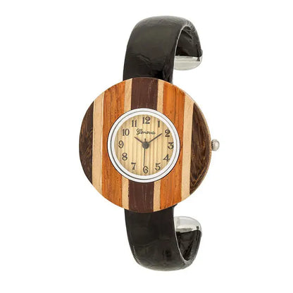 Brenna Black Wood Inspired Leather Cuff Watch - Watches