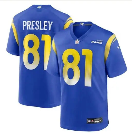 Blue Los Angeles Rams Brennan Presley jersey with 81 in white and yellow lettering
