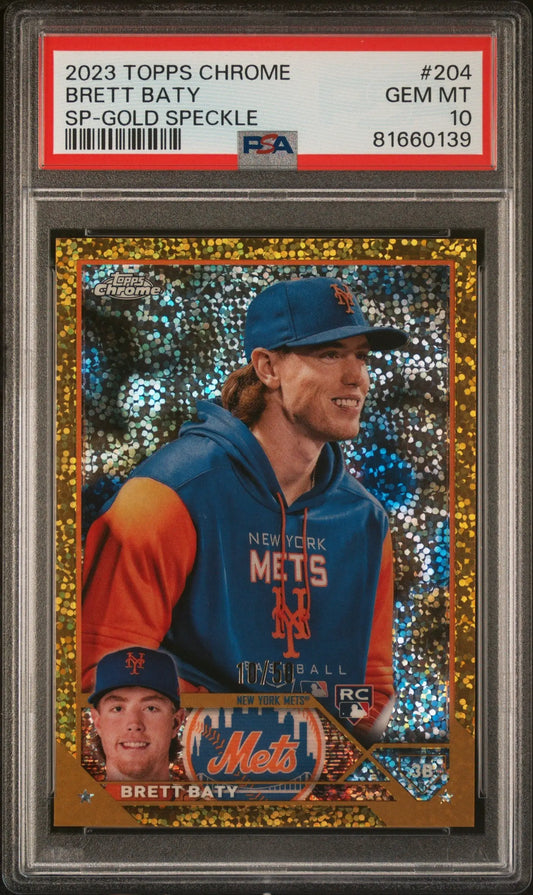 PSA 10 Gem Mint Brett Baty 2023 Topps Chrome SP-Gold Speckle baseball card