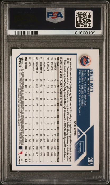 Back side of Brett Baty 2023 Topps Chrome SP-Gold Speckle trading card in PSA 10 case
