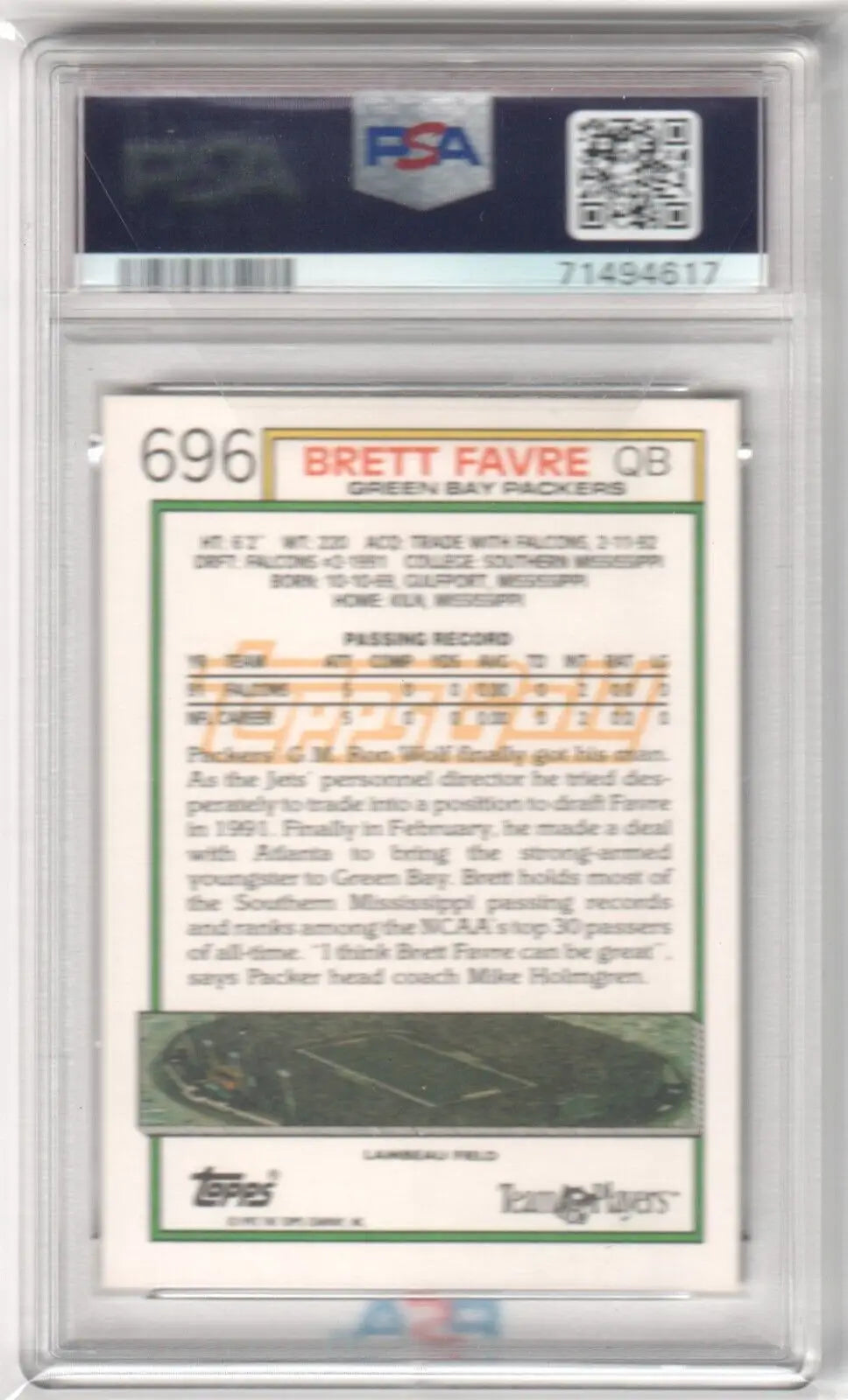 Graded Brett Favre football card from 1992 Topps Gold, single cards, Columbia Hobby, box free shipping