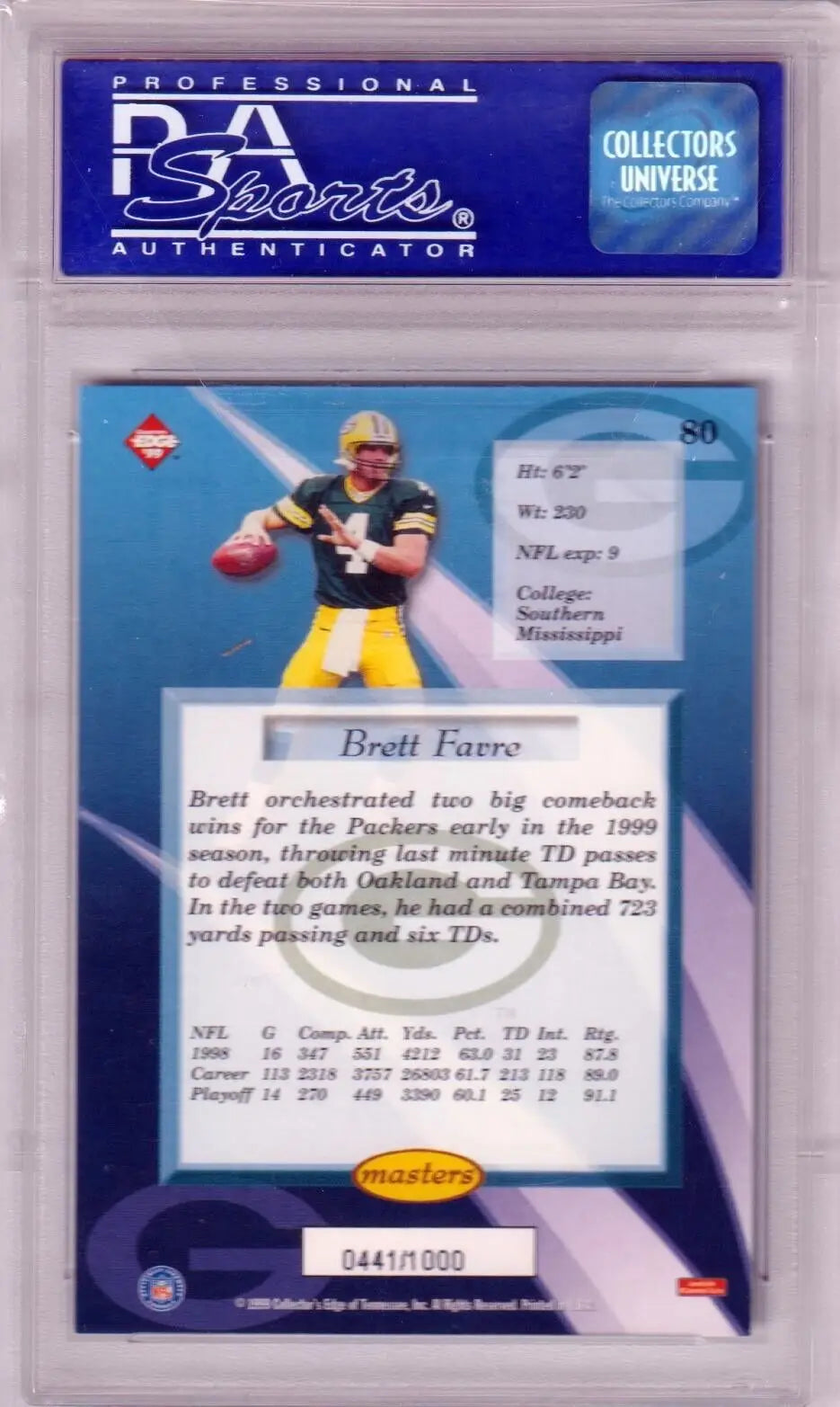 Graded Brett Favre football card from Columbia Hobby featuring Atlanta Braves memorabilia