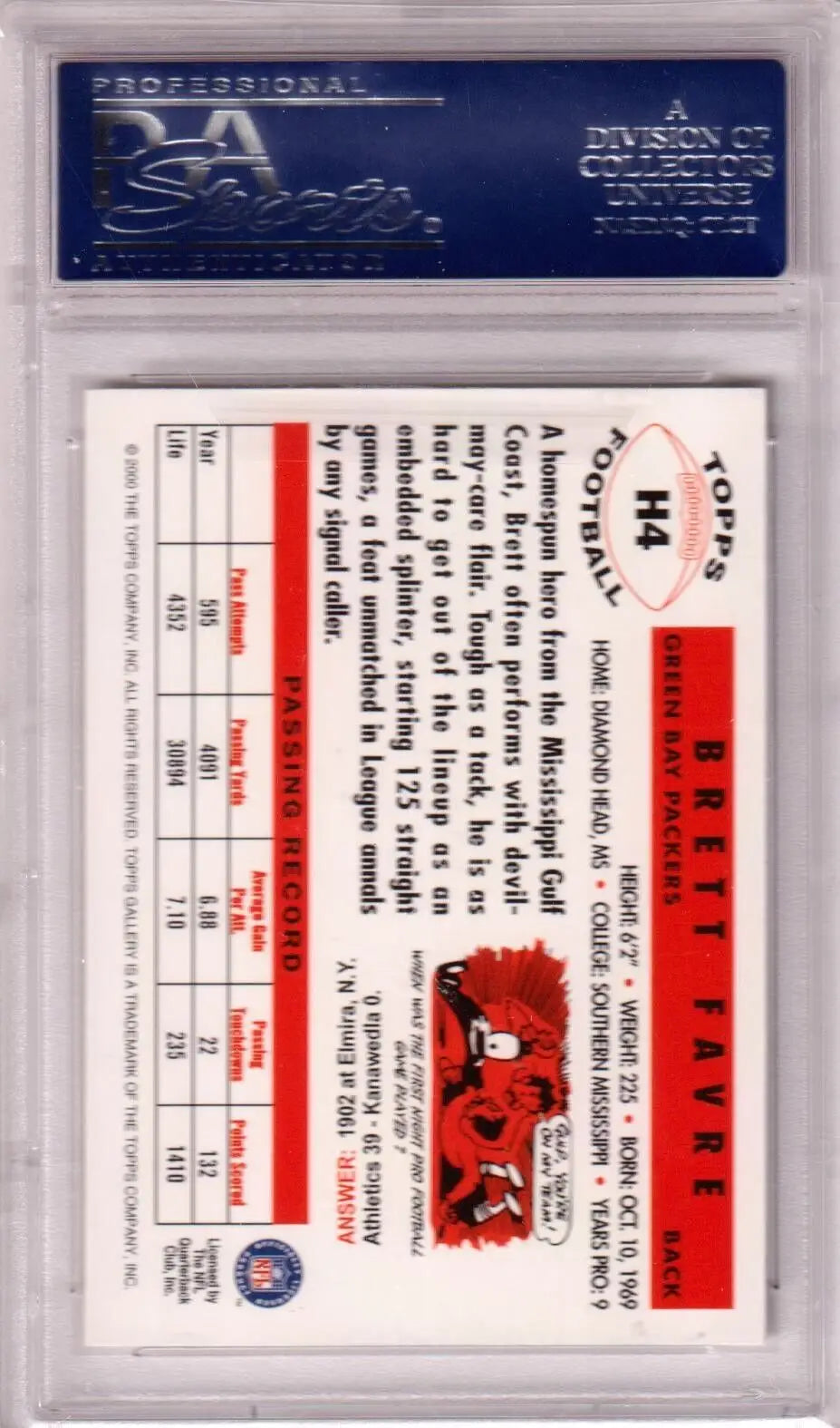 Graded Brett Favre football card from Topps Gallery Heritage showing Packers star player