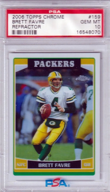 Graded Brett Favre football card chrome refractor from 2006 Bowman Chrome Pack-ers