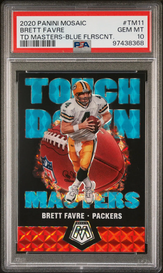 PSA-graded Brett Favre 2020 Panini Mosaic Touchdown Masters Blue Fluorescent card